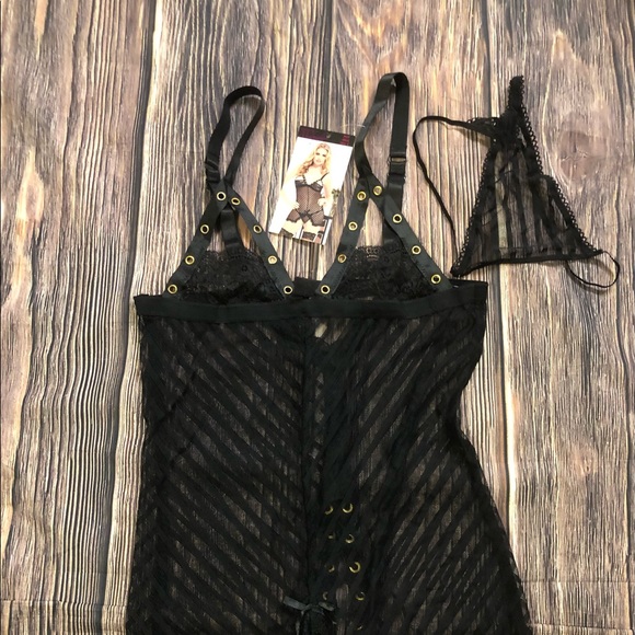 NWT Seven ‘til Midnight Shadow stripe & lace Chemise Grommet detail Lace up Sz L - Picture 11 of 12